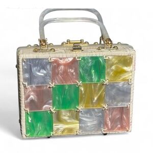 Vintage-style lucite tile box purse with marbled colorblock panels and a clear l